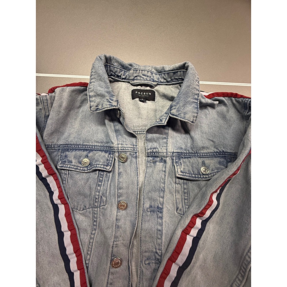 PacSun Mens Light Wash Denim Jacket Side Stripe Red White Blue Medium
